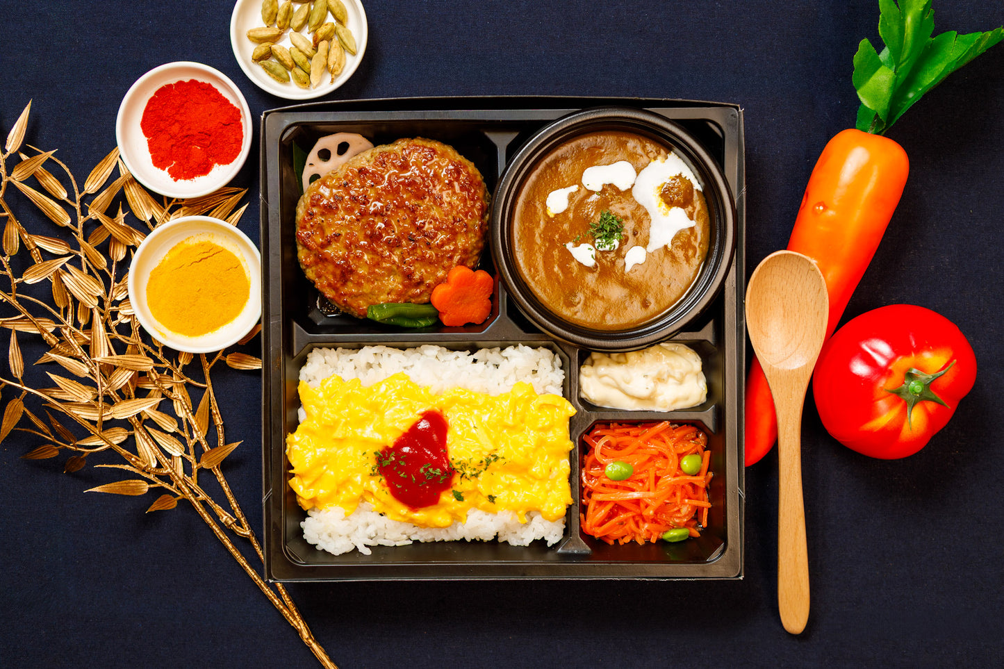 千葉和牛カレー、黒トリュフ醤油ハンバーグ 、ふわトロ卵